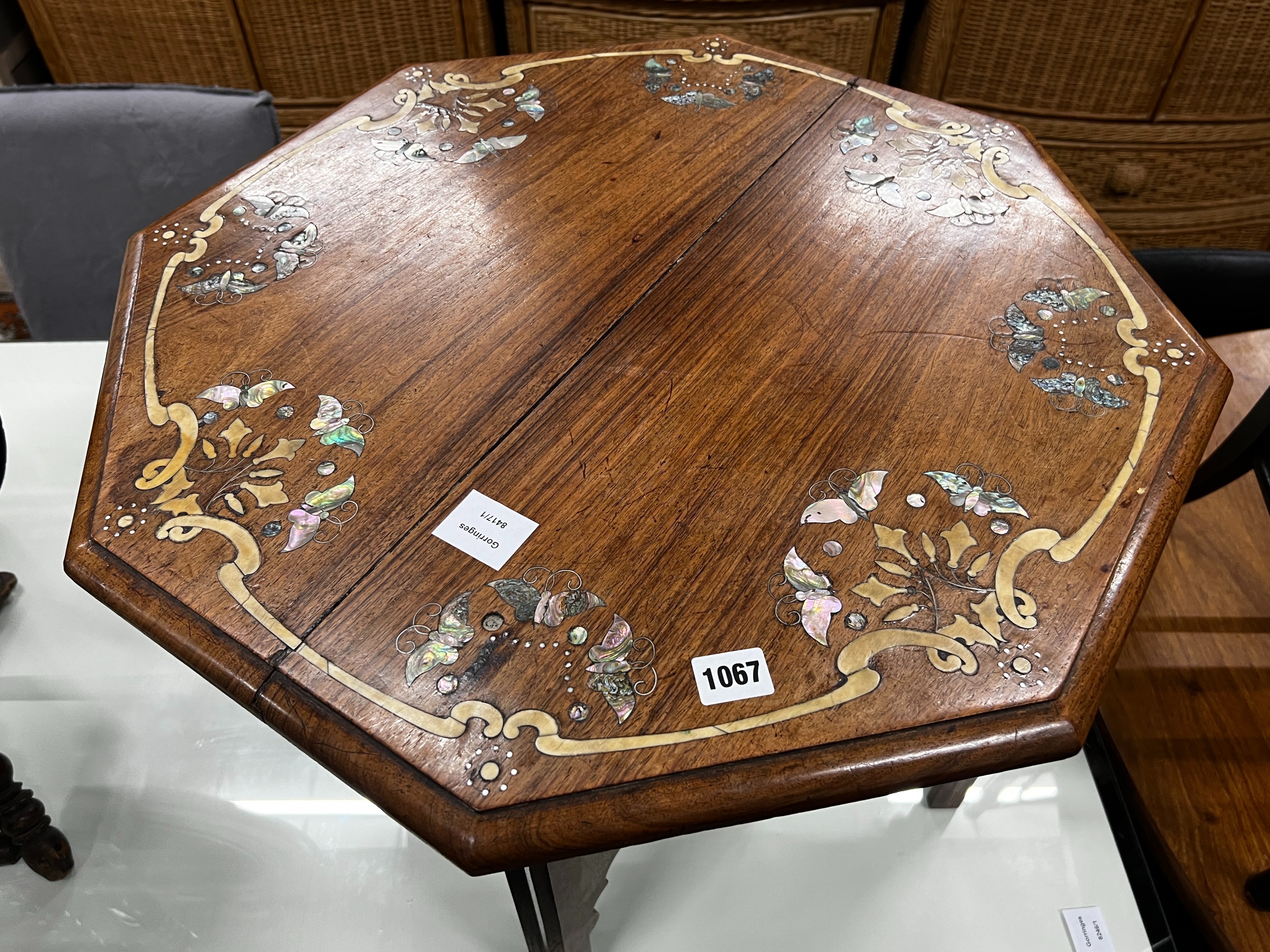 An Indian “Mysore Arts & Crafts” Abalone inlaid octagonal hardwood Moorish style table with folding stand, width 60cm, height 50cm